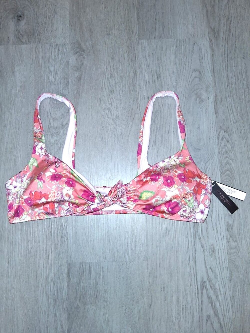 Victoria's Secret Coral Pink Orange Floral Print Tie Front Bikini Top MEDIUM